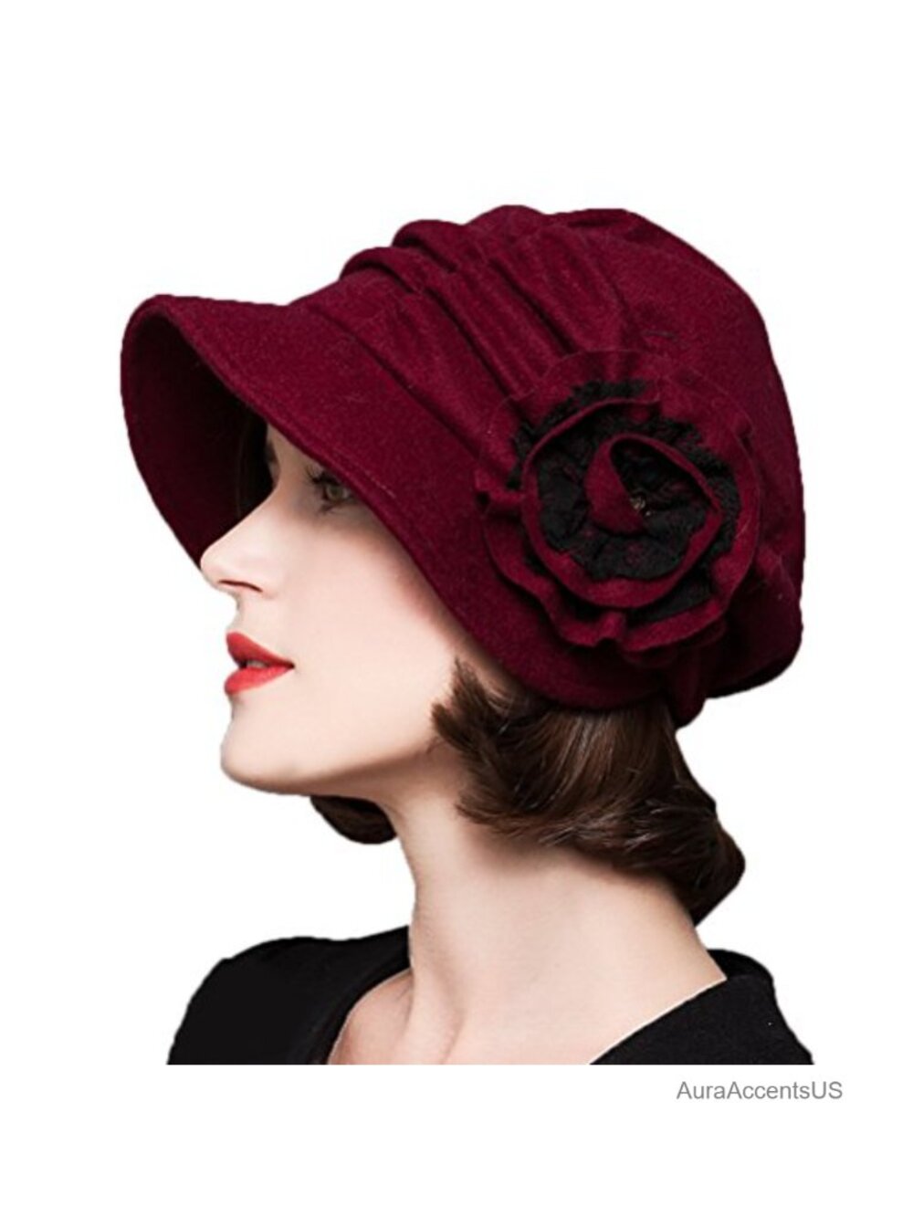 Wool Beret Hat with Floral Applique, Warm Winter Cap
